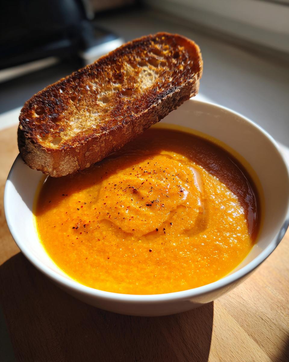 Tazón con cremas de verduras de invierno color naranja y pan tostado encima.