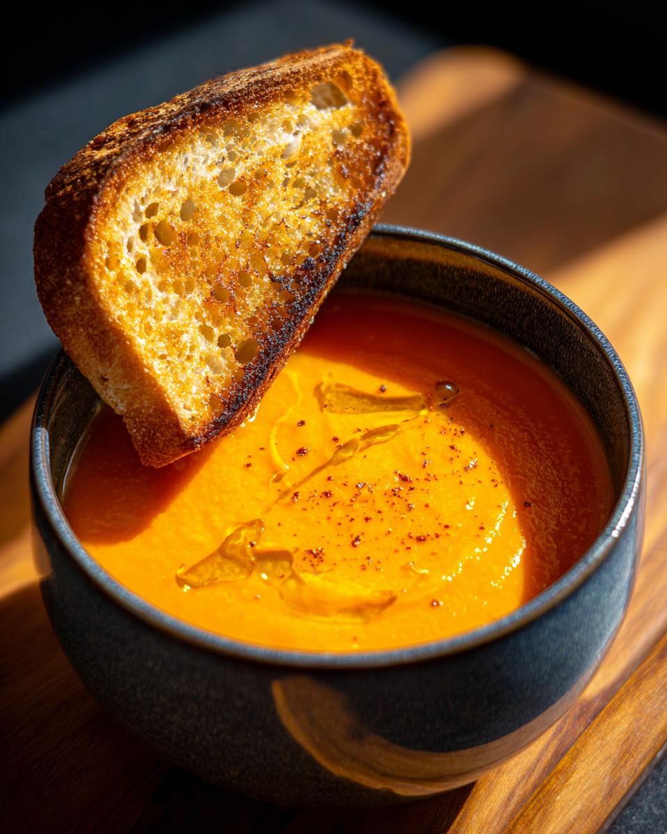 Tazón con cremas de verduras de invierno y rebanada de pan tostado dorado
