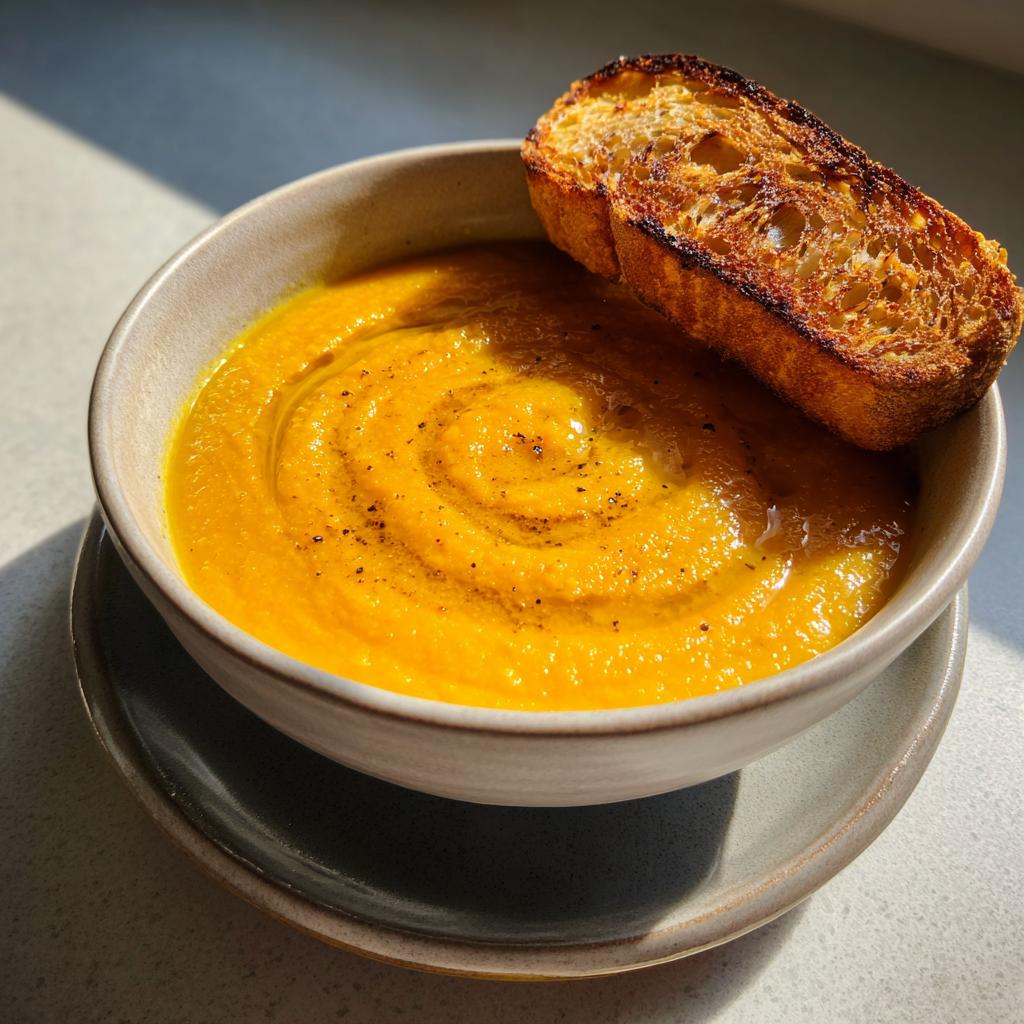 Tazón de cremas de verduras de invierno naranja con tostada crujiente en un plato gris