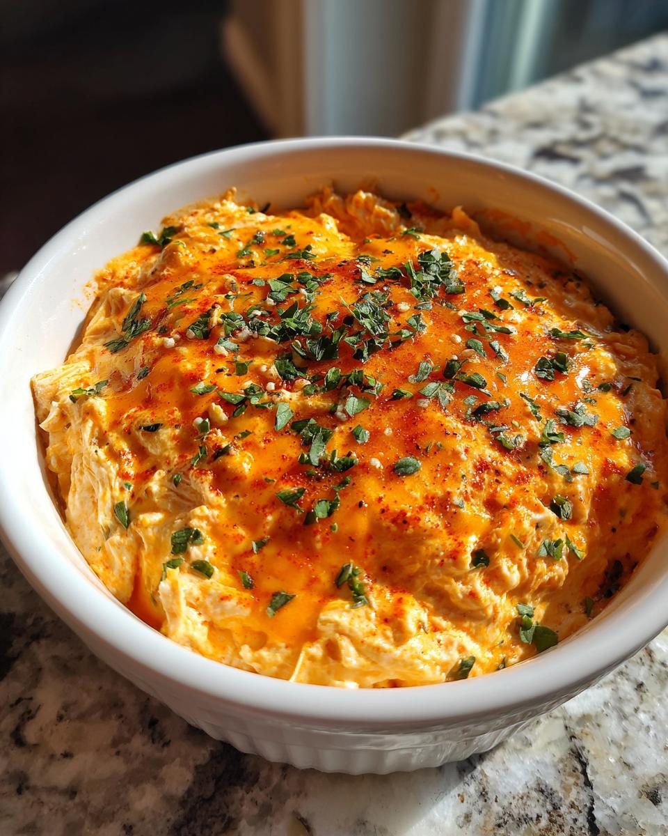 Primer plano de un dip de pollo buffalo cremoso y burbujeante en un tazón blanco, espolvoreado con perejil picado.