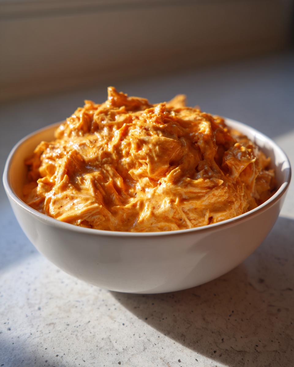 Primer plano de un bol blanco lleno de cremoso dip de pollo buffalo con trozos de pollo desmenuzado.