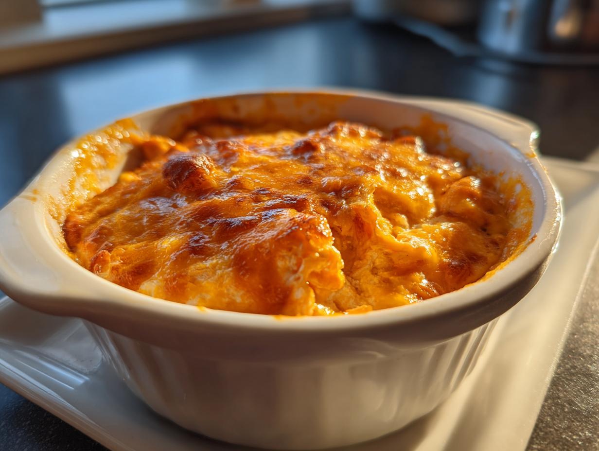 Primer plano de un dip de pollo buffalo burbujeante y dorado en un ramekin blanco.