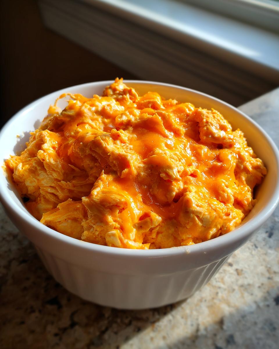 Primer plano de un dip de pollo buffalo cremoso y caliente en un cuenco blanco, cubierto de queso derretido.