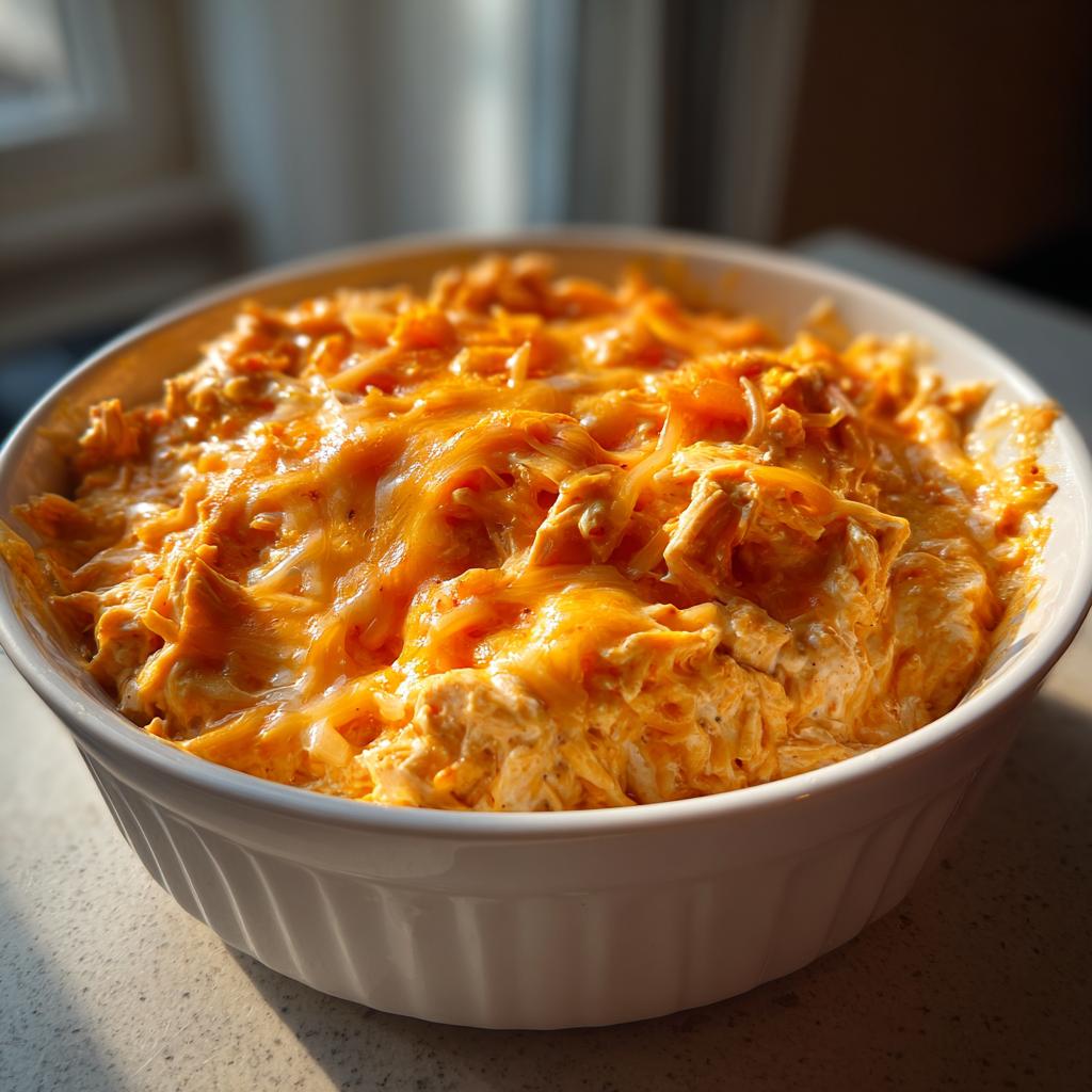 Primer plano de un dip de pollo buffalo cremoso cubierto con queso cheddar derretido en un recipiente blanco.