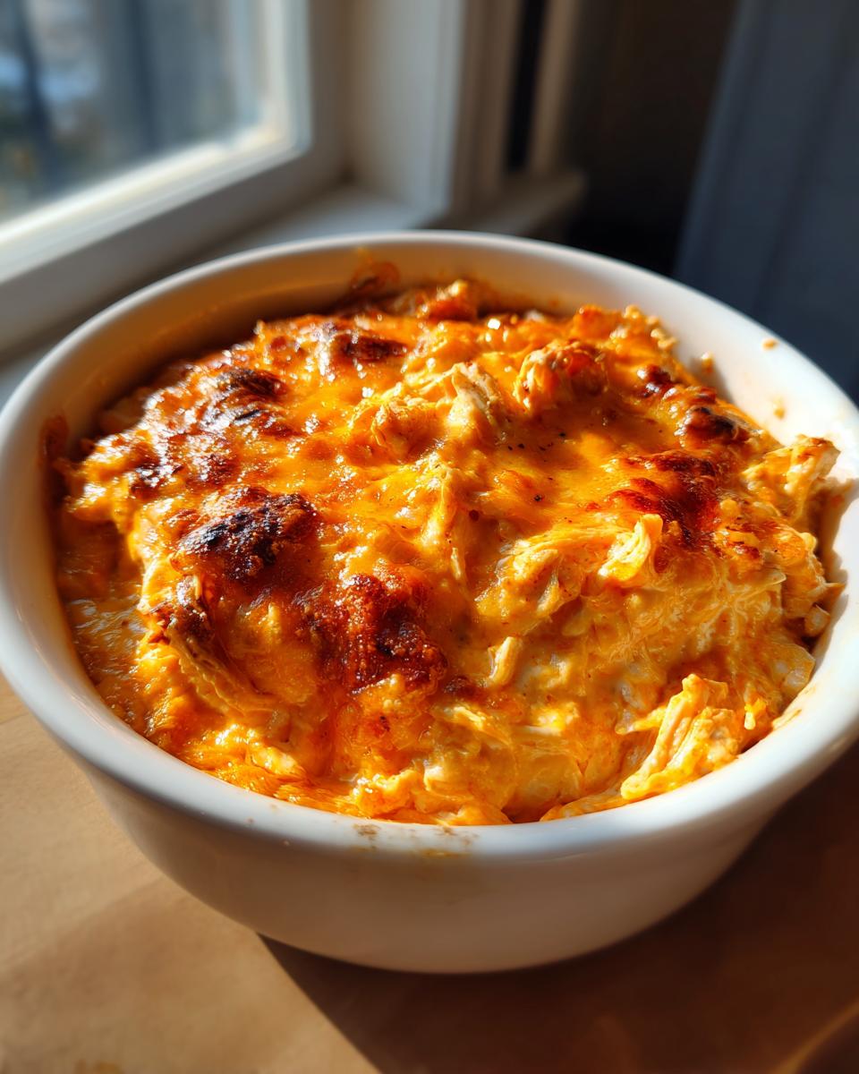 Primer plano de un dip de pollo buffalo cremoso y burbujeante con queso derretido y dorado encima.