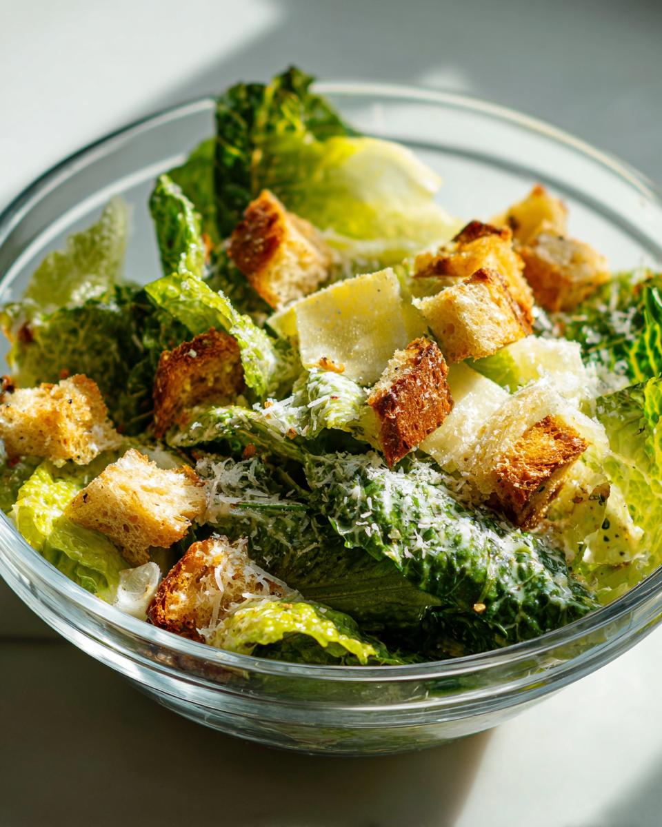 Primer plano de una ensalada César fresca y deliciosa en un bol de cristal, con lechuga crujiente, picatostes dorados y queso parmesano rallado, resaltando la estética de cocina.