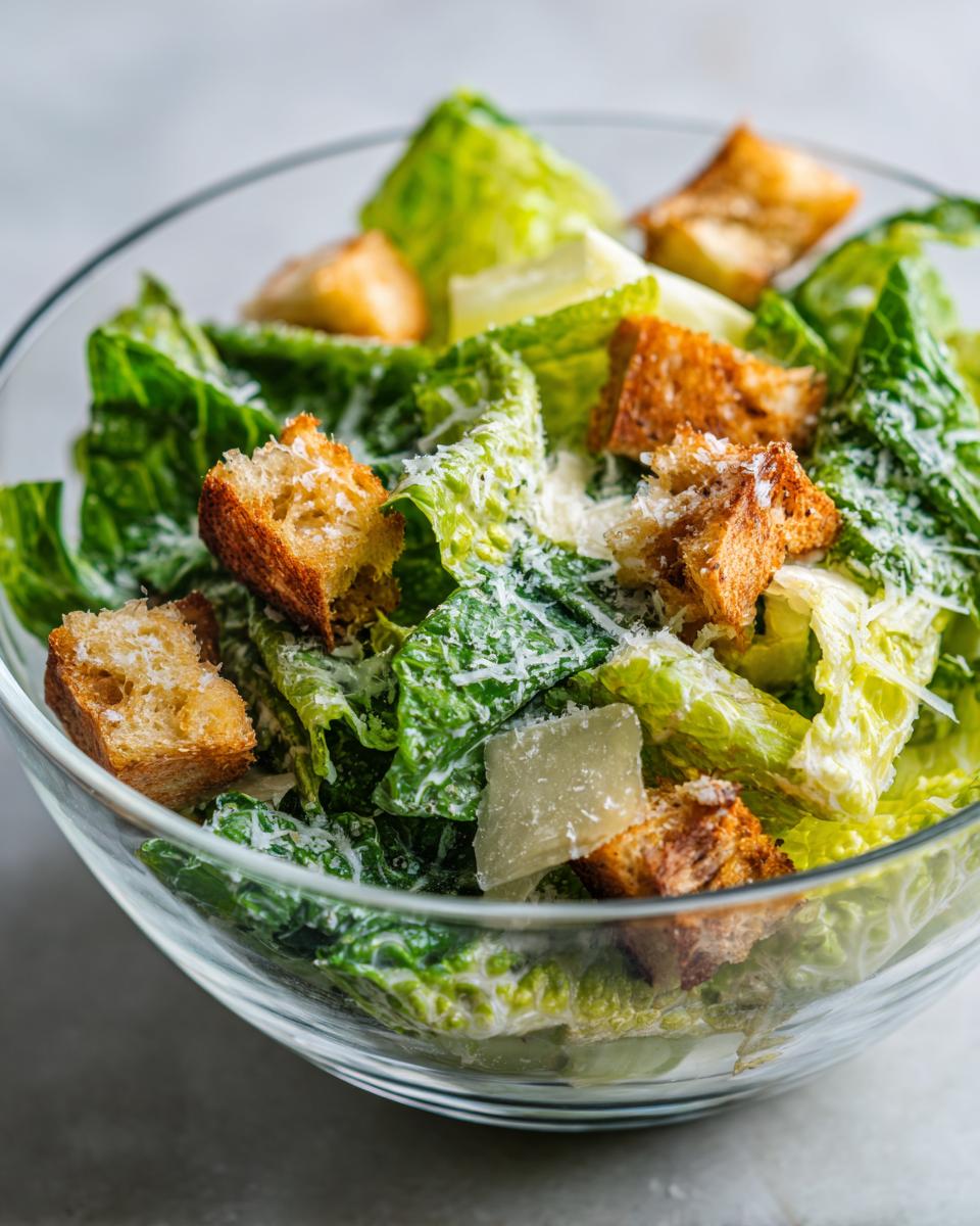 Primer plano de una ensalada César en un bol de cristal, con lechuga romana crujiente, picatostes dorados y queso parmesano rallado.