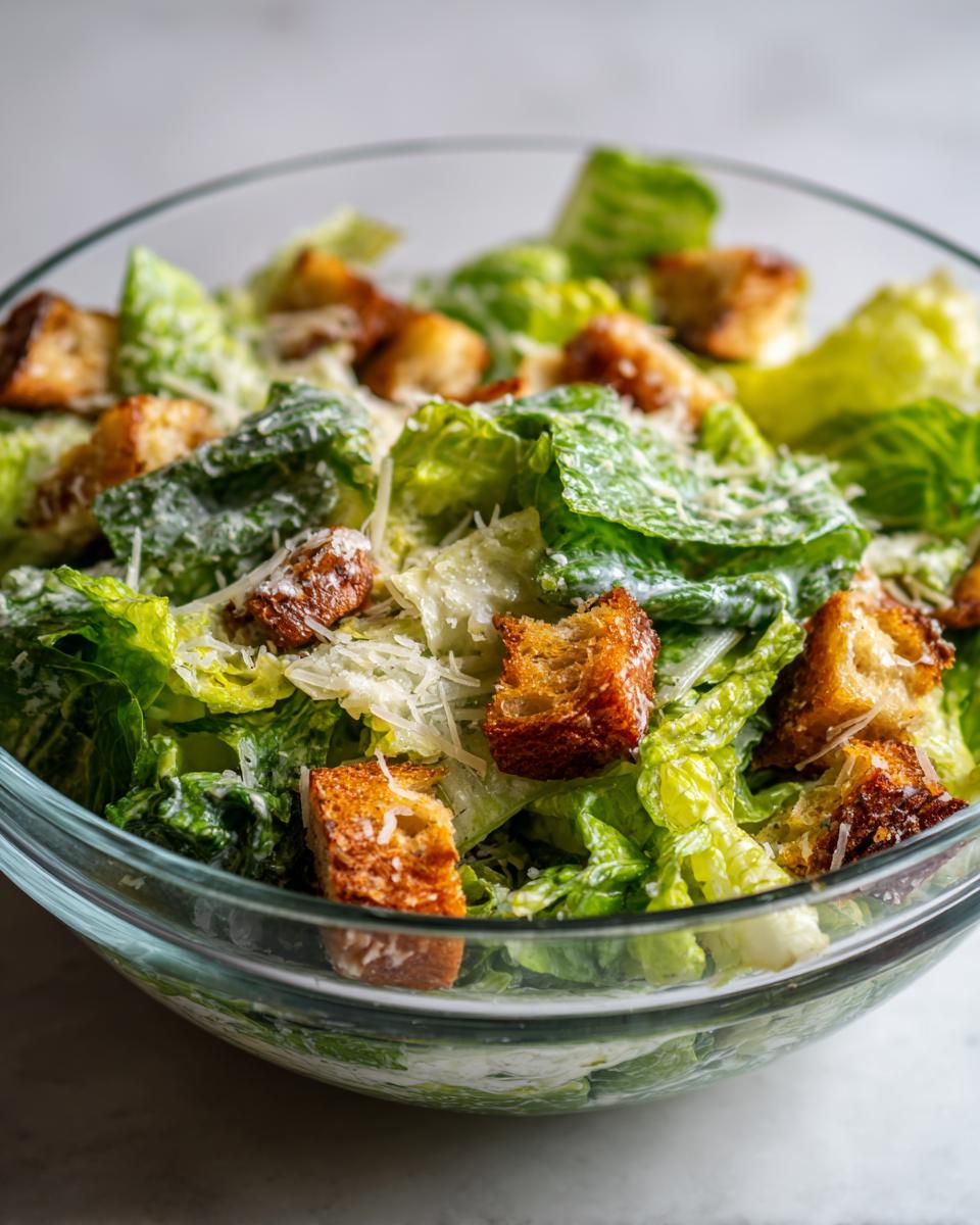 Primer plano de una ensalada César fresca y apetitosa en un bol de cristal, con picatostes crujientes y queso rallado, ideal para la estética de cocina.