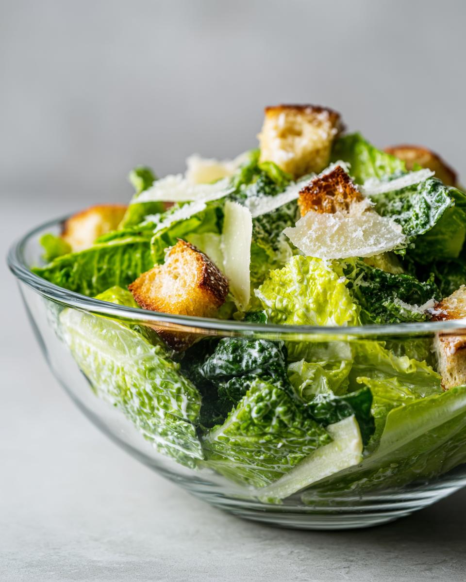 Primer plano de una ensalada César en un bol de cristal, con lechuga romana, picatostes dorados y queso parmesano rallado.