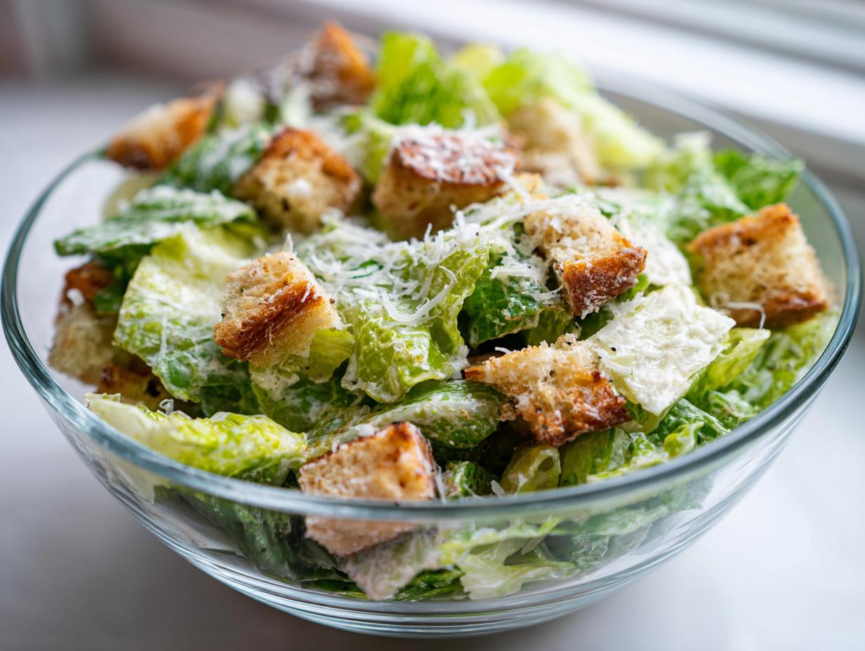 Primer plano de una ensalada César en un bol de cristal, con lechuga crujiente, picatostes dorados y queso parmesano rallado, mostrando la estética de cocina.