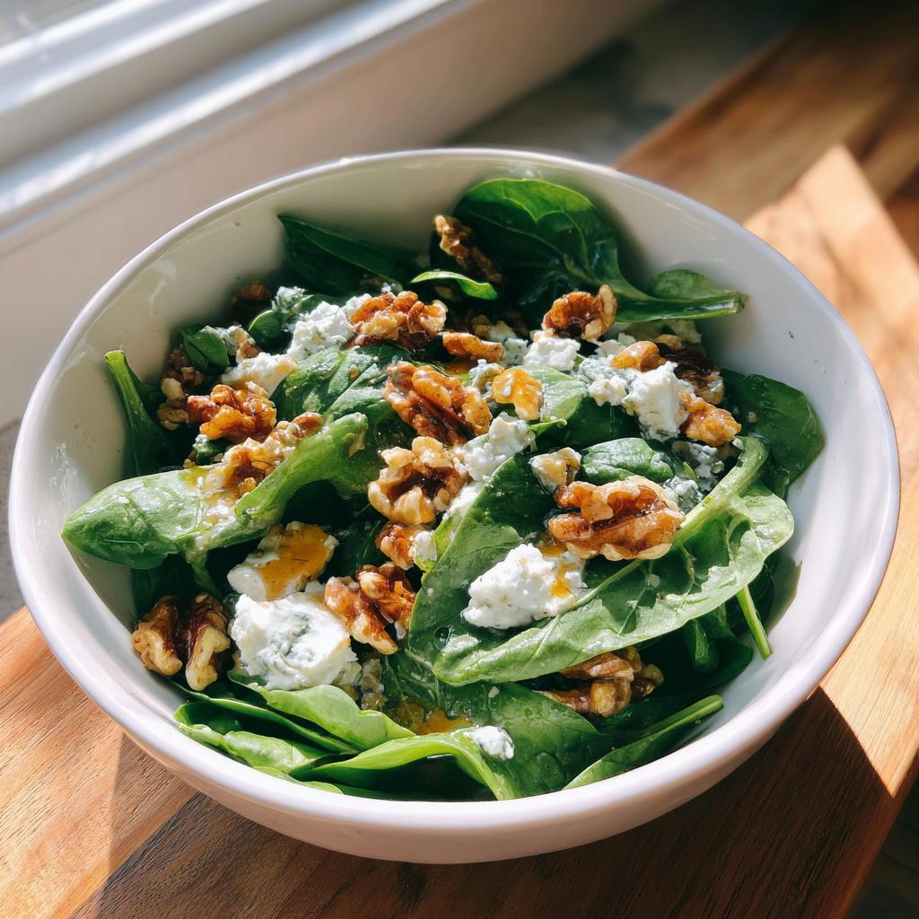 Primer plano de una ensalada de espinacas frescas con queso feta desmenuzado y nueces, perfecta para ideas de cena de Nochevieja.