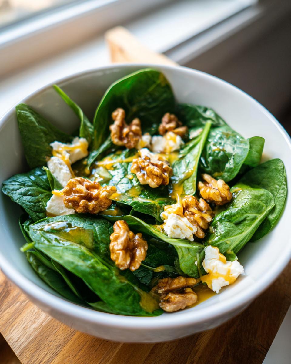 Primer plano de una ensalada de espinacas frescas con queso feta desmenuzado y nueces, aderezada con vinagreta, una opción para ideas de cena de Nochevieja.