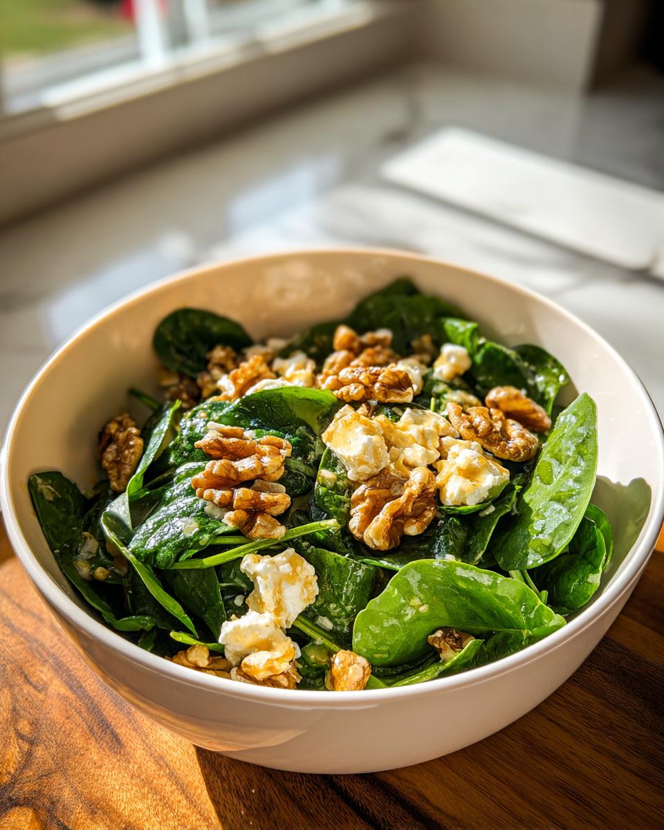 Primer plano de una ensalada de espinacas frescas con trozos de queso feta y nueces, ideal para ideas de cena de Nochevieja.