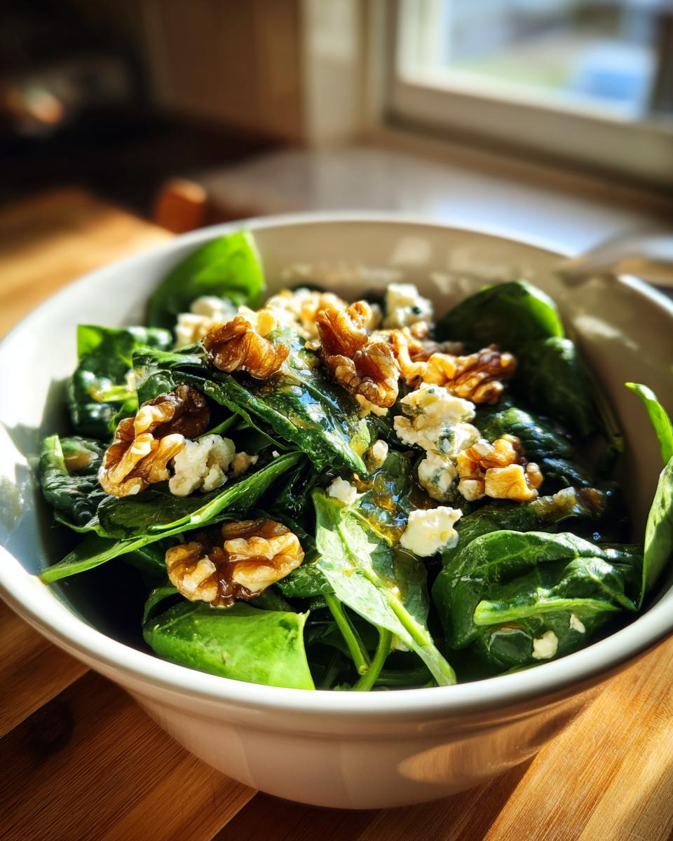 Primer plano de una ensalada de espinacas frescas con nueces y trozos de queso azul, ideal como idea de cena de Nochevieja.
