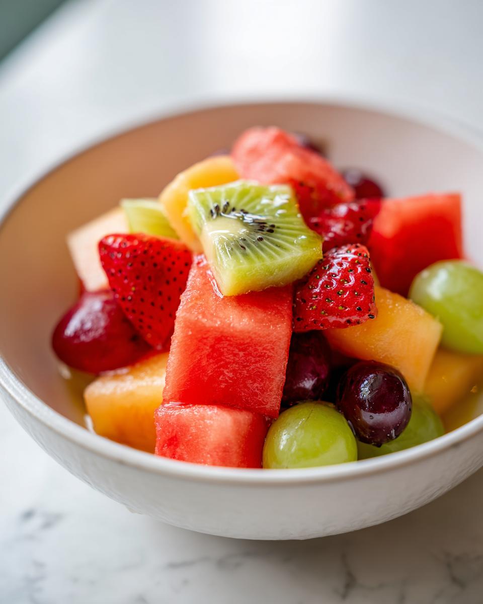 Primer plano de una ensalada de frutas frescas con sandía, melón, fresas, kiwi y uvas, perfecta para comida de año nuevo.