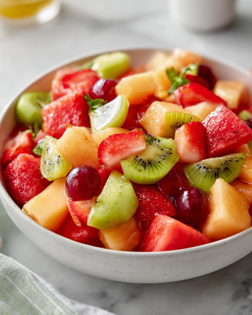 Primer plano de una ensalada de frutas frescas con fresas, kiwi, melón, uvas y sandía, perfecta para la comida de Año Nuevo.