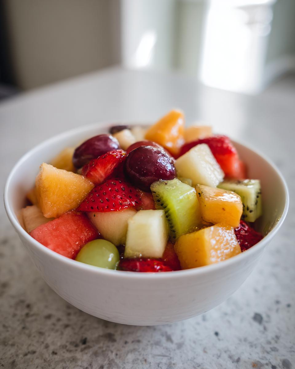 Primer plano de una ensalada de frutas frescas variadas en un tazón blanco, perfecta para comida de año nuevo.