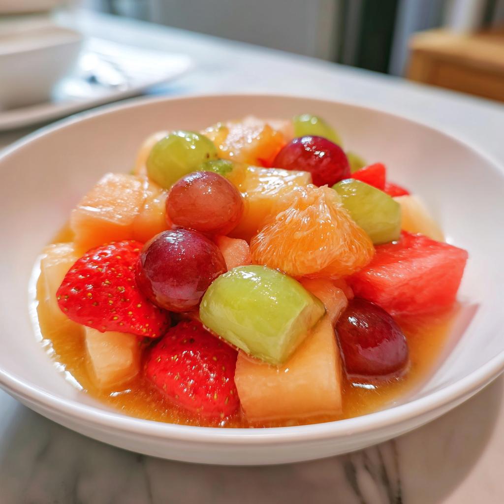 Primer plano de una ensalada de frutas frescas con fresas, uvas, melón y naranja, perfecta como comida para año nuevo.