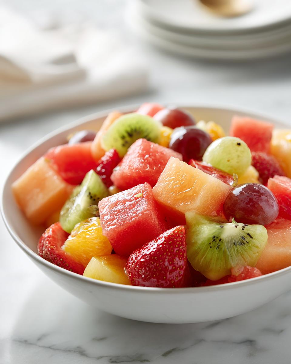Primer plano de una ensalada de frutas frescas con sandía, melón, kiwi, fresas, naranjas y uvas, perfecta como comida para año nuevo.