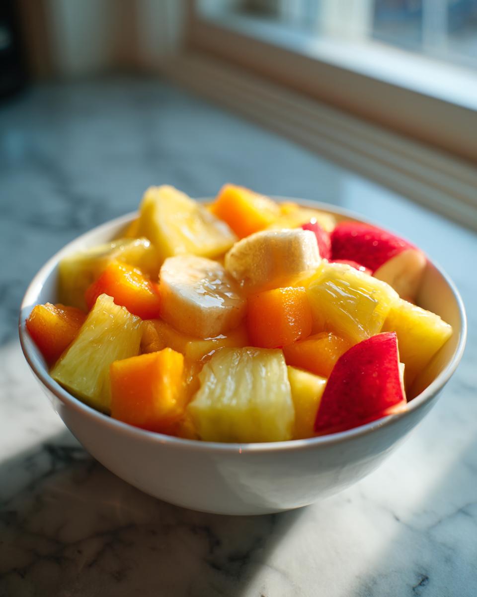 Bowl blanco con ensalada de frutas variadas frescas, ideal para recetas de fiesta fáciles