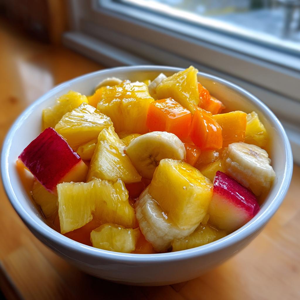 Tazón con ensalada de frutas variadas con piña, plátano, manzana y papaya en cubos