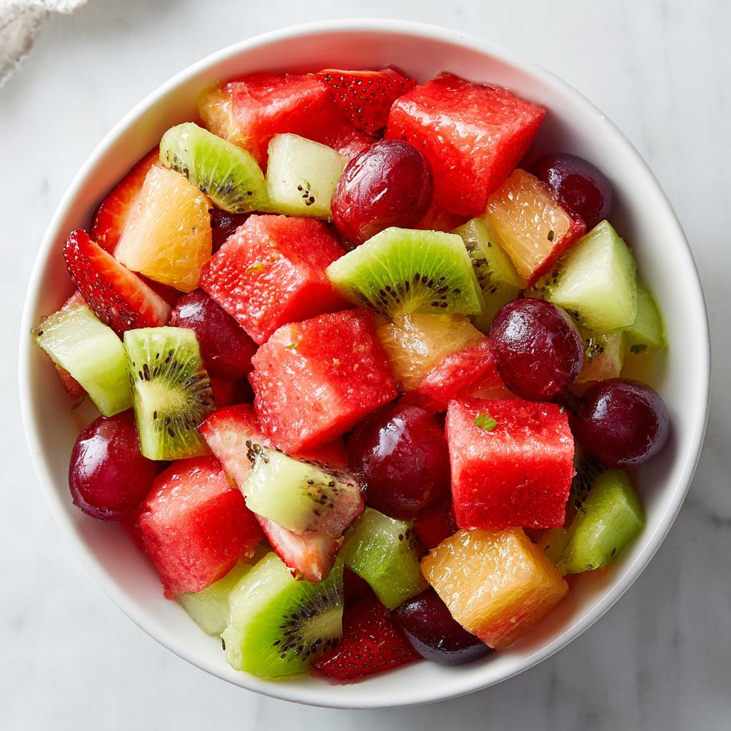 Bowl con ensalada de frutas variadas con sandía, kiwi, uvas y fresas, recetas de año nuevo fáciles