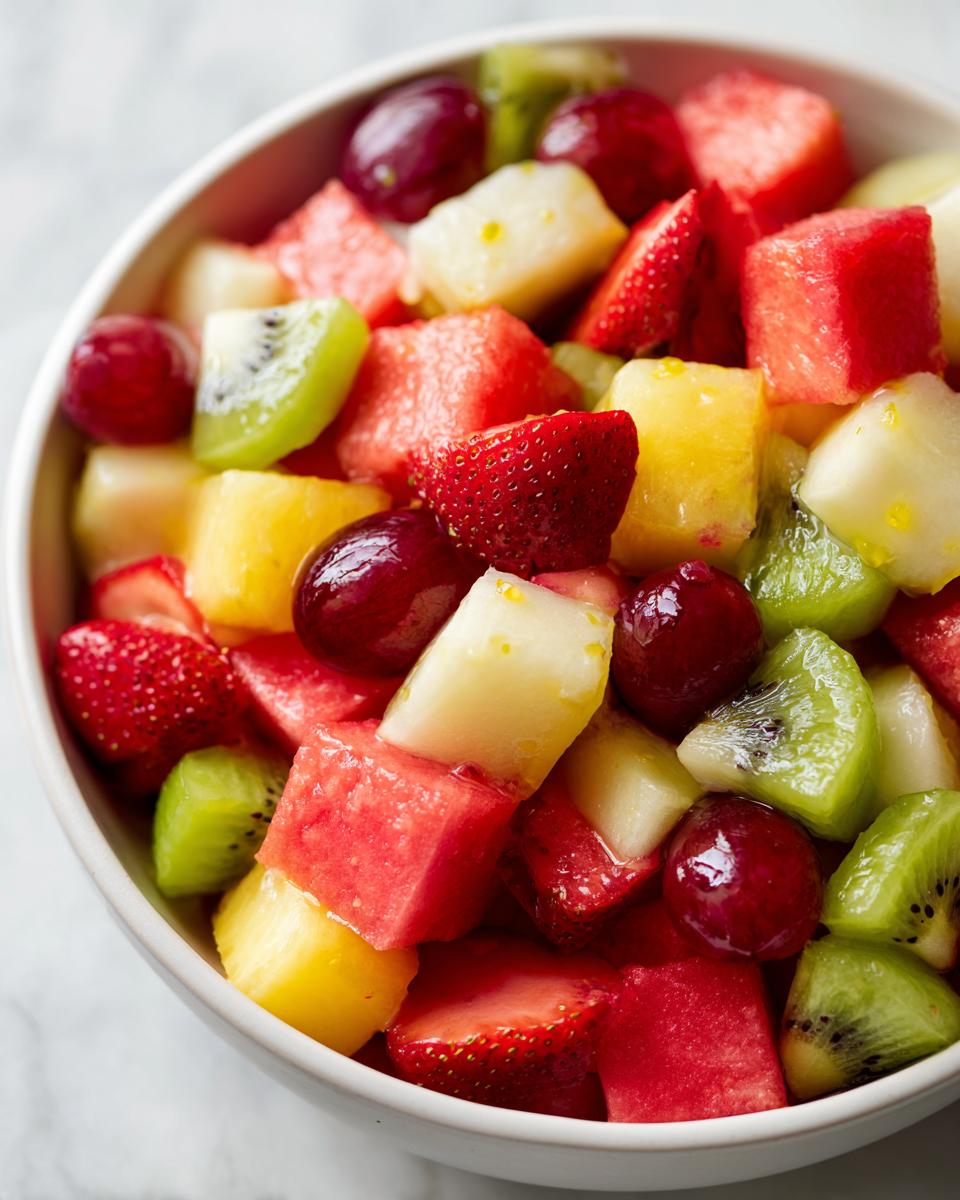 Tazón con ensalada fresca de frutas variadas, ideal para recetas de año nuevo fáciles