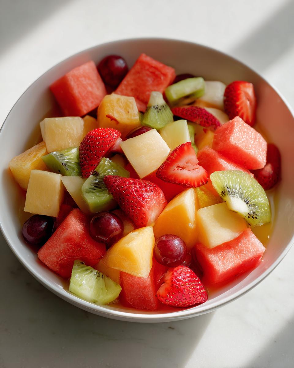 Bowl con ensalada de frutas variadas con fresas, kiwi, sandía, piña y uvas.