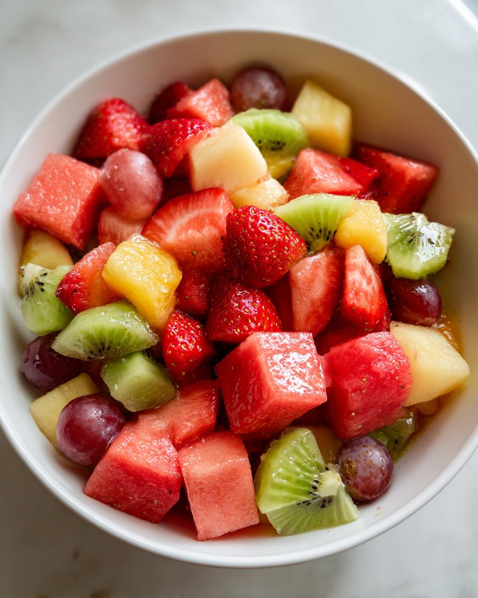 Bowl con ensalada de frutas variadas como sandía, fresas, kiwi y piña para recetas de año nuevo fáciles