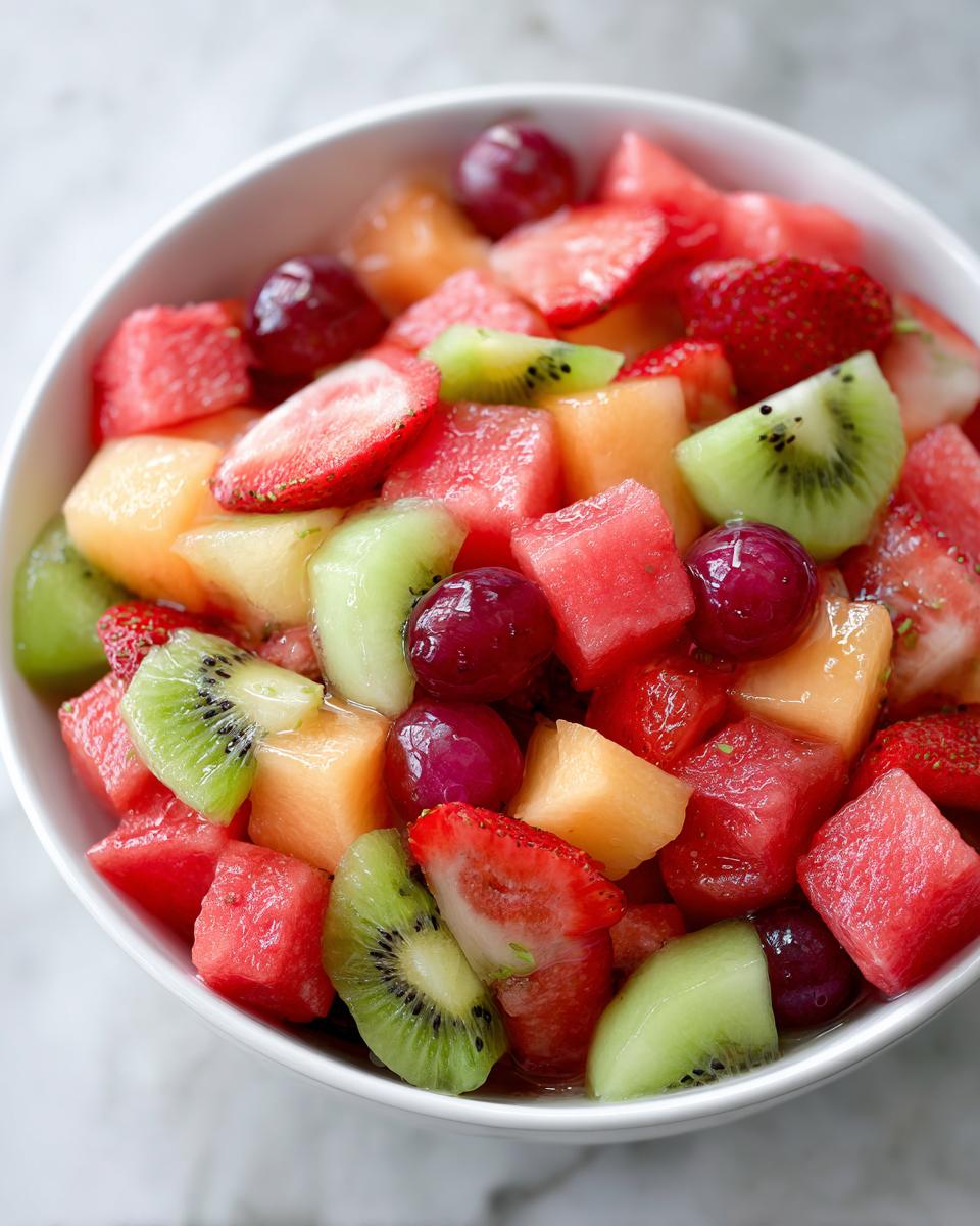 Tazón con ensalada de frutas variadas frescas incluyendo sandía, kiwi, fresas y uvas.