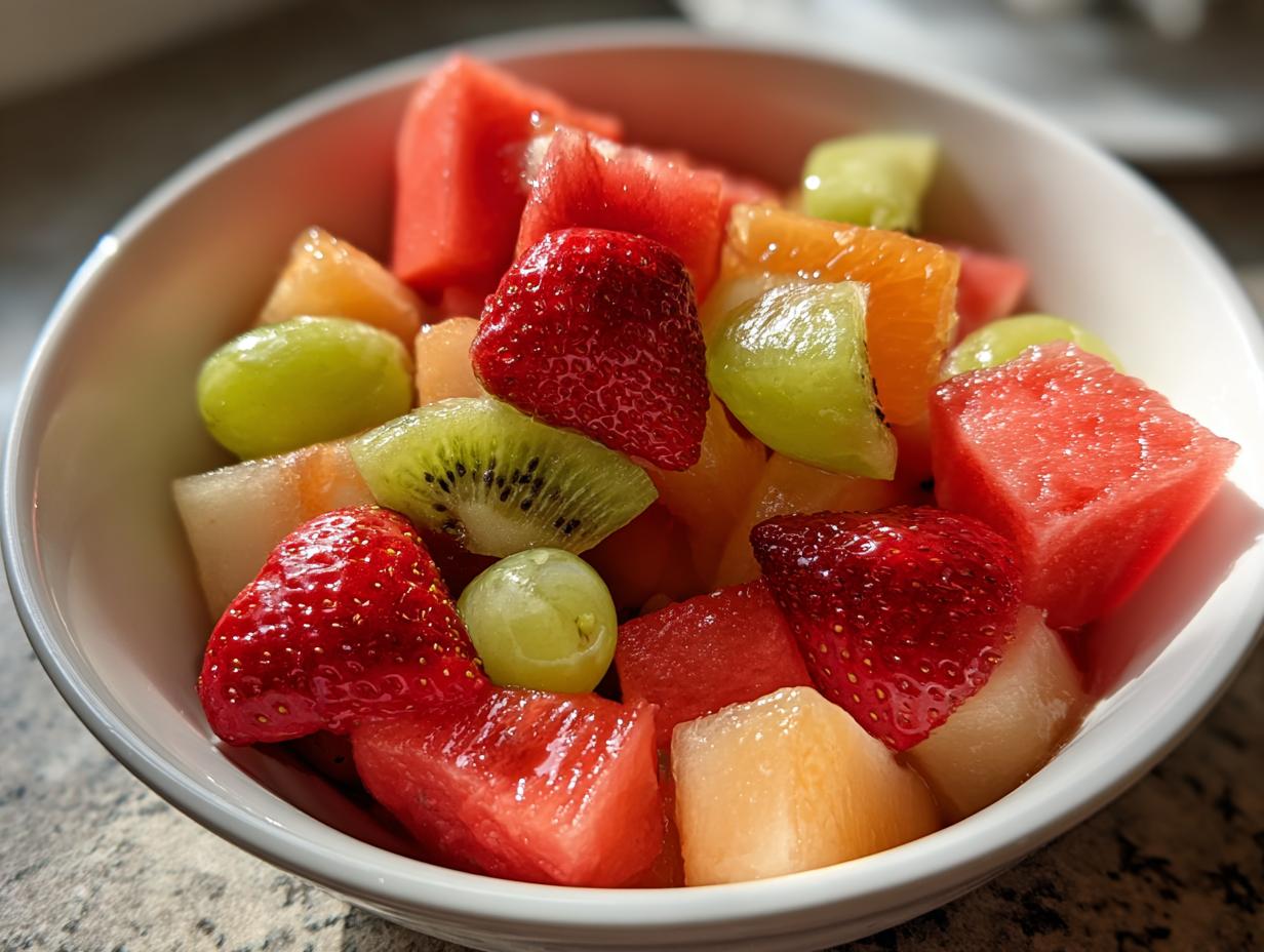 Tazón blanco con ensalada de frutas variadas frescas para recetas de año nuevo fáciles