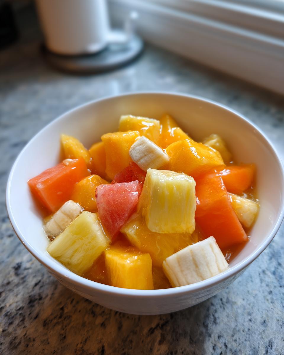 Tazón blanco con ensalada de frutas frescas variadas para recetas de fiesta fáciles