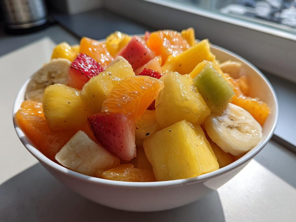Bowl con ensalada de frutas frescas incluyendo plátano, fresas, piña, naranja y kiwi, para recetas de fiesta fáciles