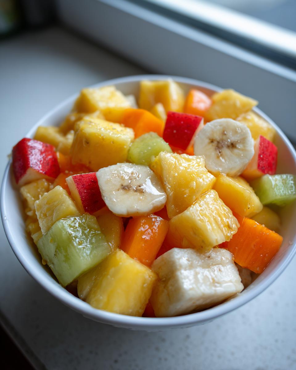 Tazón con ensalada de frutas frescas variadas ideal para recetas de fiesta fáciles