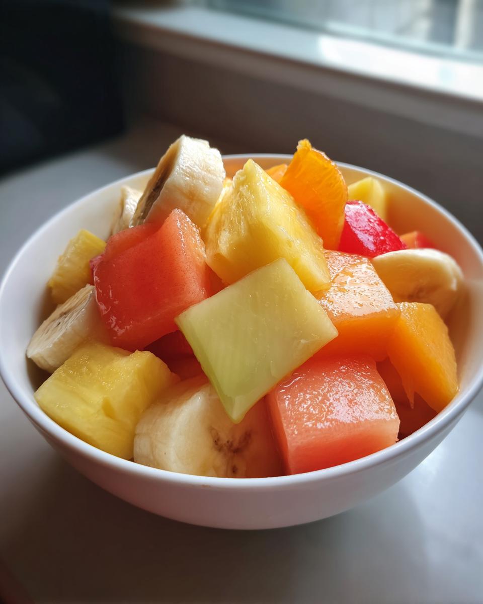 Tazón blanco con mezcla fresca de frutas cortadas para recetas de fiesta fáciles