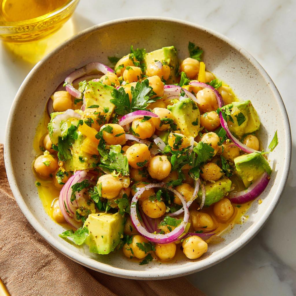 Primer plano de una ensalada de garbanzos y aguacate con cebolla roja y perejil, ideal para cenas rápidas y baratas.