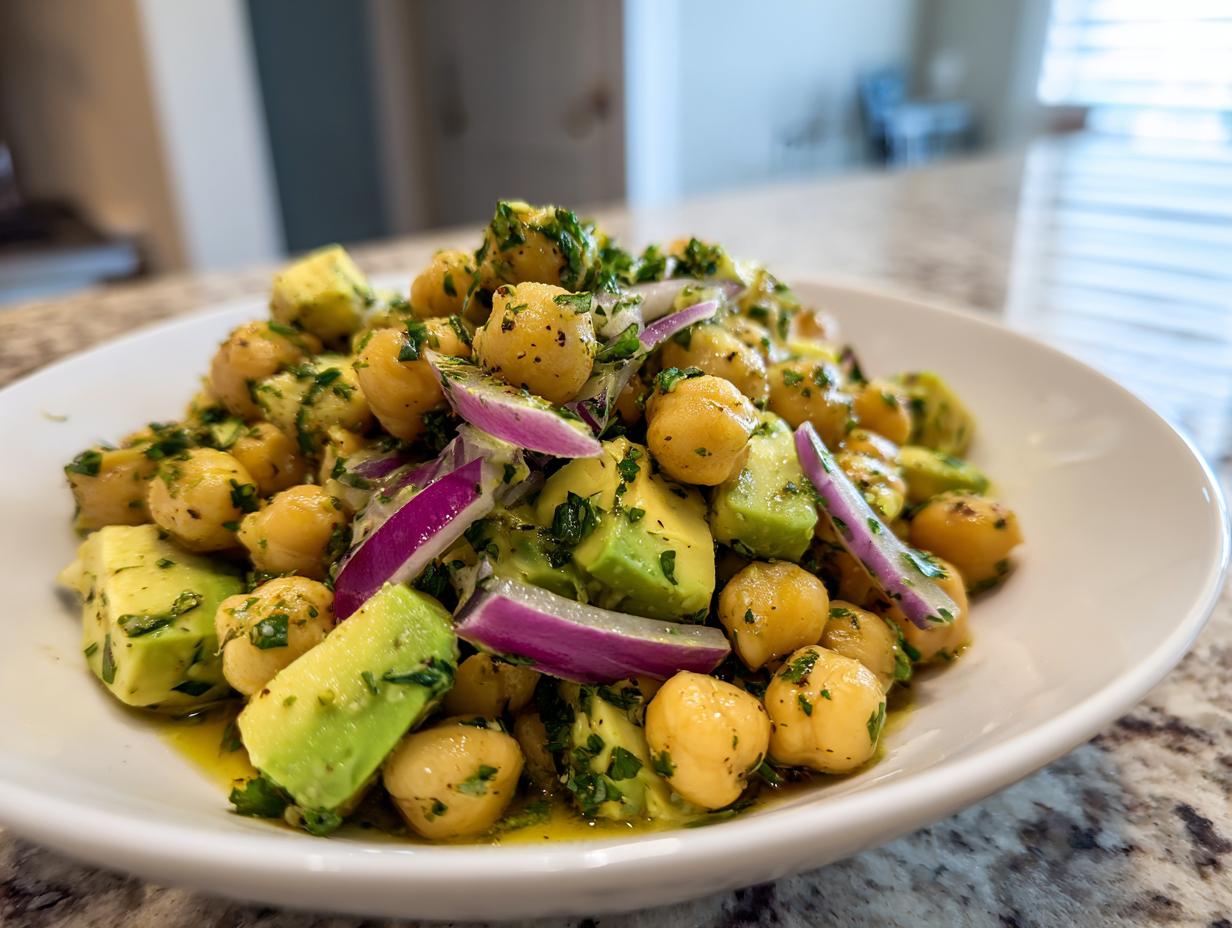 Primer plano de una ensalada de garbanzos y aguacate con cebolla morada y perejil picado, ideal para cenas rápidas y baratas.