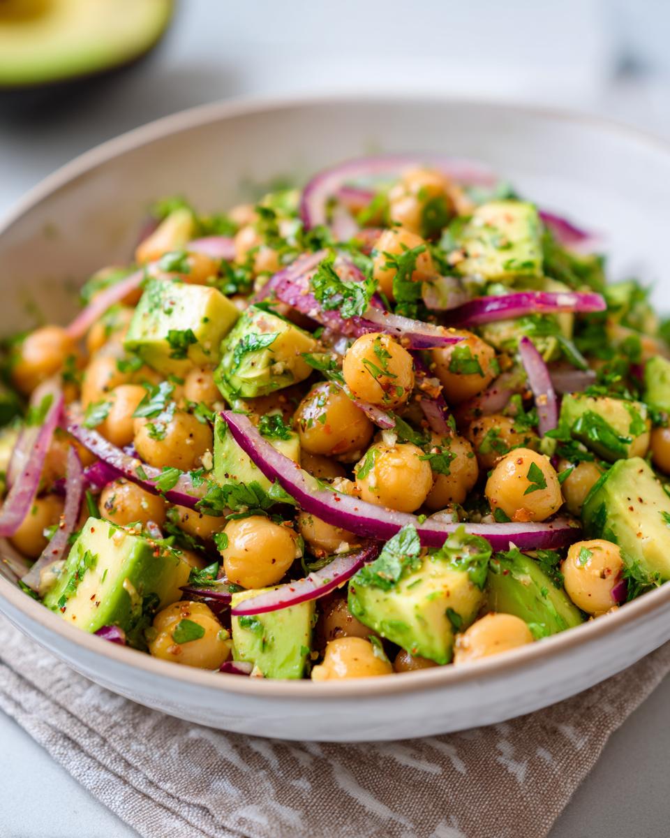 Primer plano de una ensalada de garbanzos con aguacate, cebolla morada y cilantro, ideal para cenas rápidas y baratas.