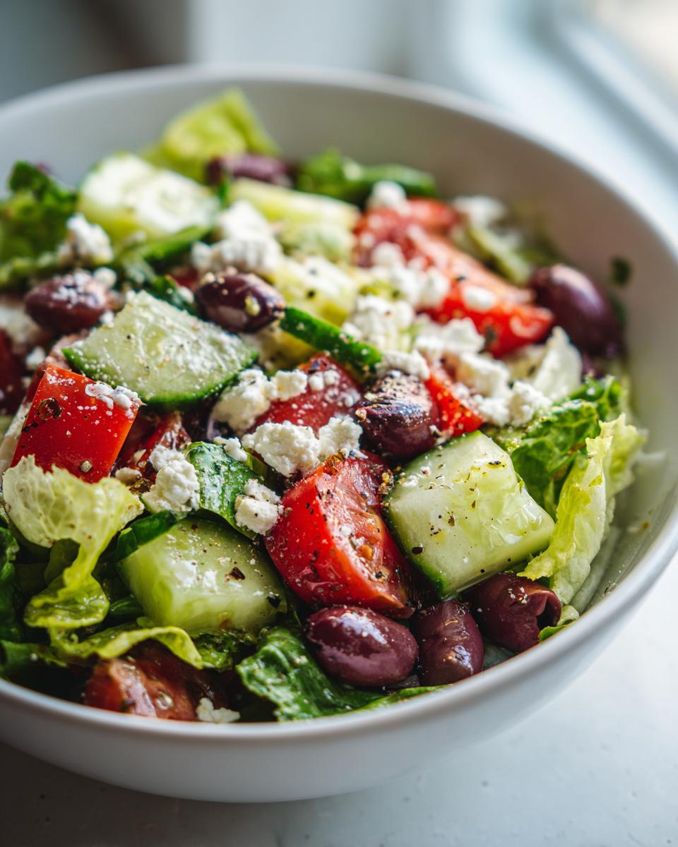 Primer plano de una ensalada griega fresca con pepino, tomate, aceitunas Kalamata y queso feta, parte de las recetas de cocina mediterránea.