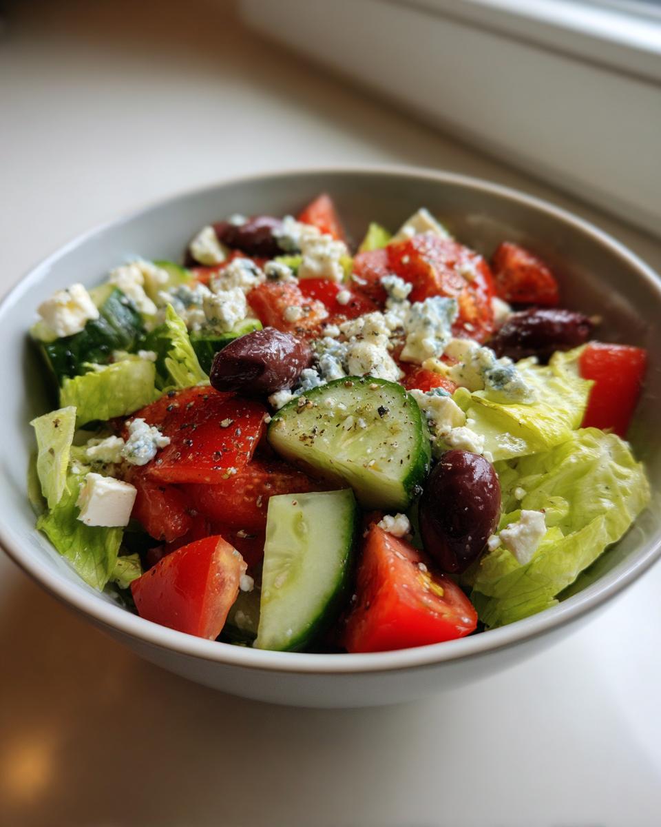 Primer plano de una ensalada griega con lechuga, tomate, pepino, aceitunas Kalamata y queso feta, ideal para cocina mediterránea recetas.