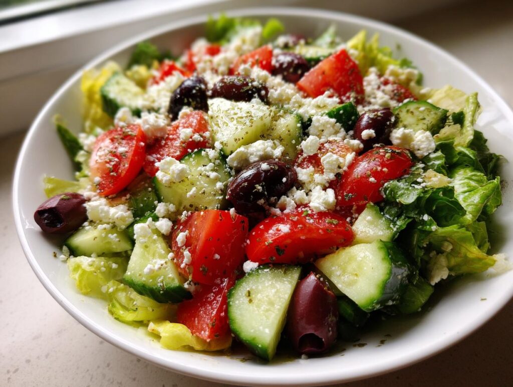 Primer plano de una ensalada griega fresca con pepino, tomate, aceitunas y queso feta, un ejemplo de cocina mediterránea recetas.