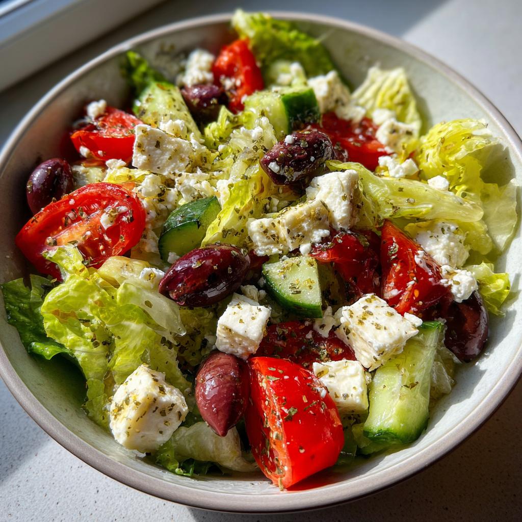 Primer plano de una ensalada griega con lechuga, tomate, pepino, queso feta y aceitunas, aderezada para cocina mediterránea recetas.