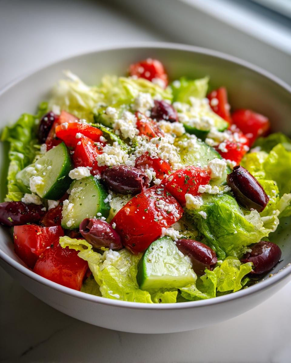 Ensalada griega fresca con lechuga, pepino, tomate, aceitunas Kalamata y queso feta desmenuzado, perfecta para cocina mediterránea recetas.