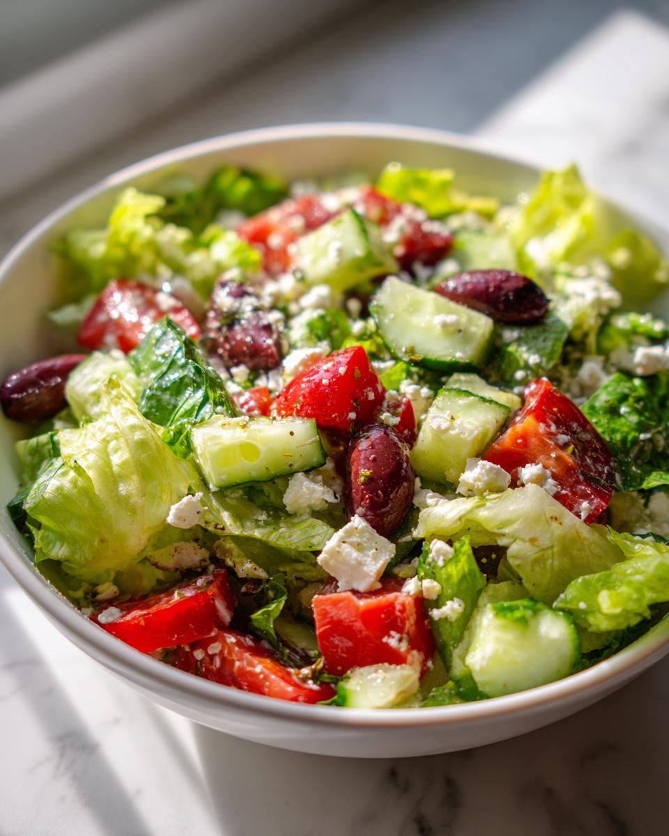 Primer plano de una ensalada mediterránea con lechuga, tomate, pepino, aceitunas Kalamata y queso feta desmenuzado.