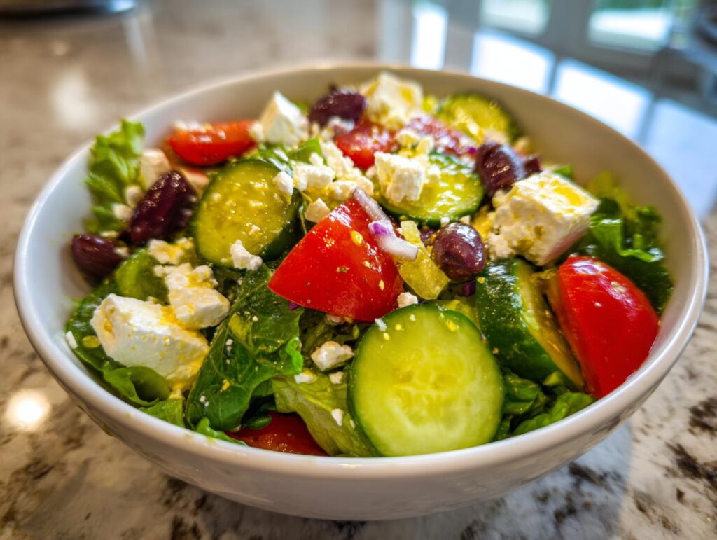 Primer plano de una ensalada mediterránea saludable con pepino, tomate, aceitunas, queso feta y lechuga.