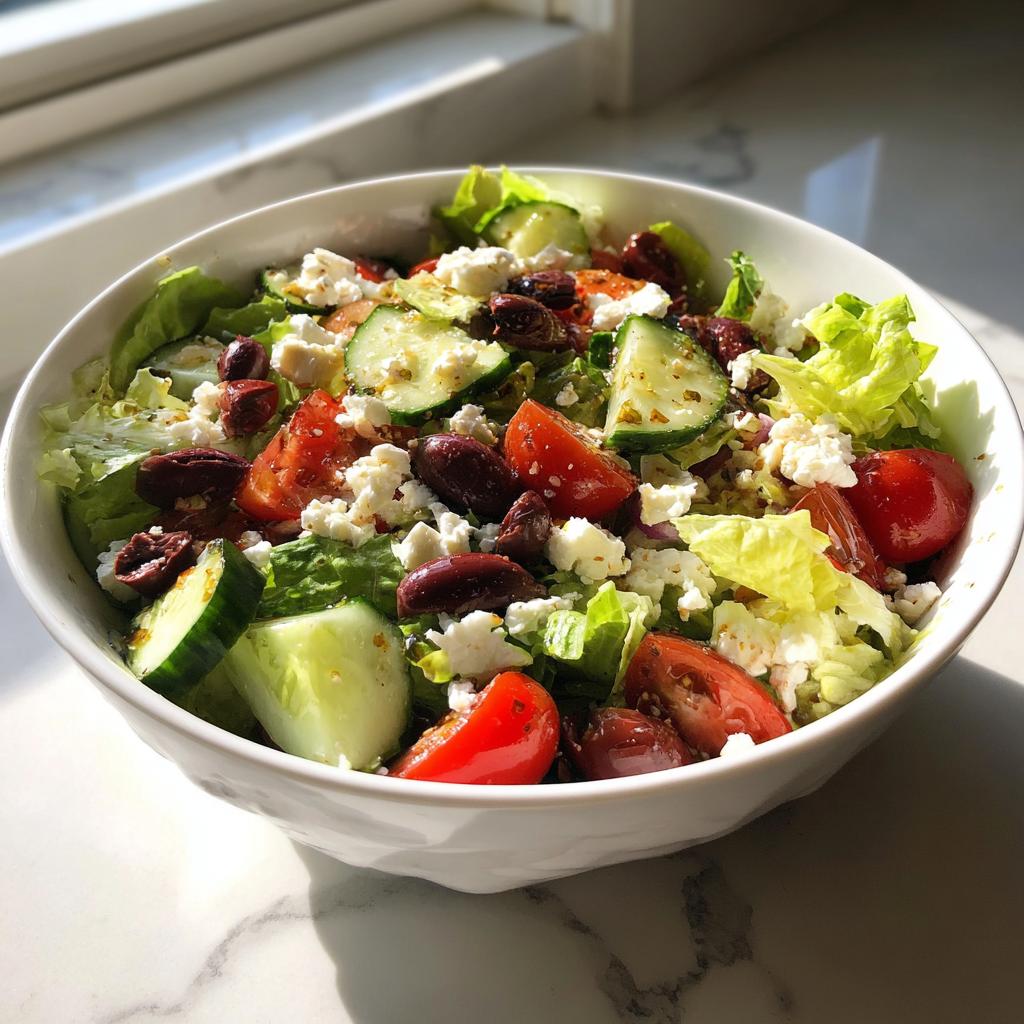 Primer plano de una ensalada mediterránea saludable con lechuga, tomate, pepino, aceitunas y queso feta.