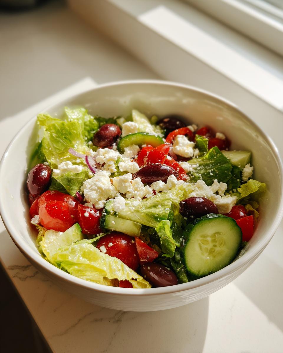 Primer plano de una ensalada mediterránea saludable con lechuga, tomates, pepino, aceitunas y queso feta.