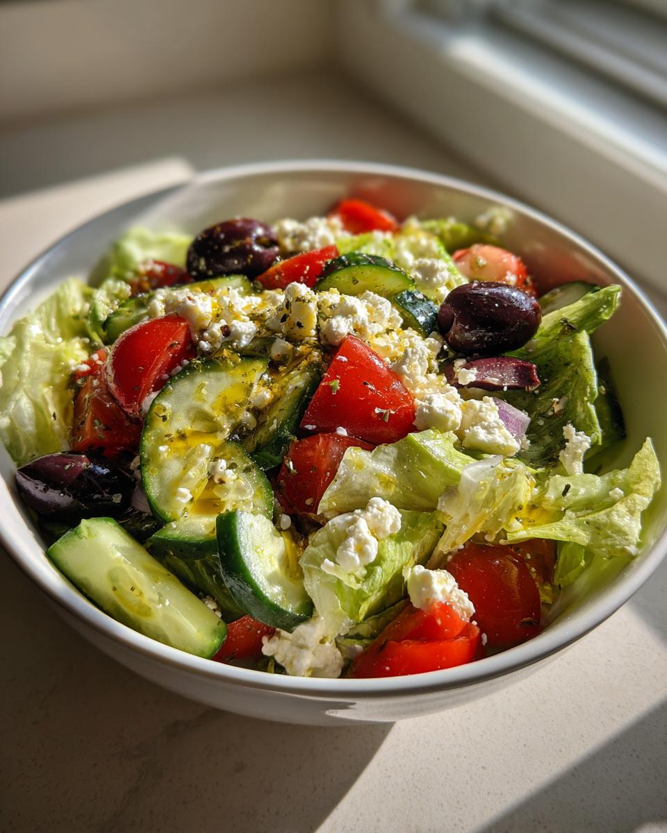 Primer plano de una ensalada mediterránea saludable con lechuga, tomate, pepino, aceitunas y queso feta, aderezada.