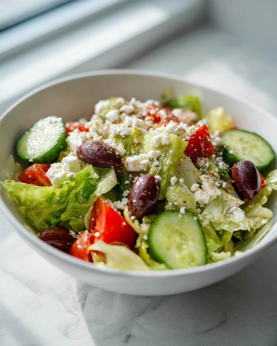 Primer plano de una ensalada mediterránea saludable con lechuga, pepino, tomate, aceitunas y queso feta.