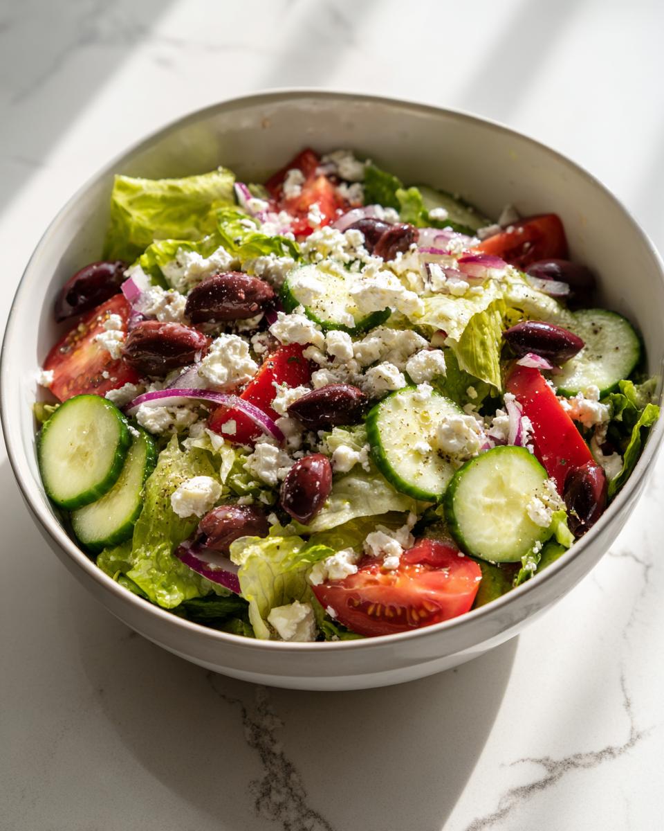 Primer plano de una ensalada mediterránea saludable con lechuga, tomate, pepino, cebolla morada, aceitunas Kalamata y queso feta desmenuzado.